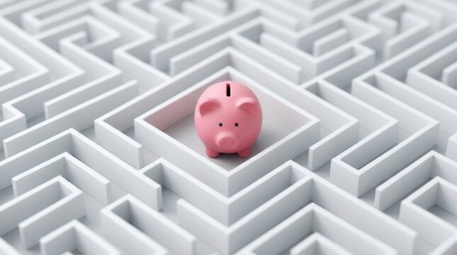 Pink piggy bank located in the center of a white maze.