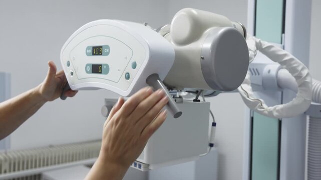 Medical specialist adjusts the control panel of a stationary X-ray machine before a diagnostic examination.
