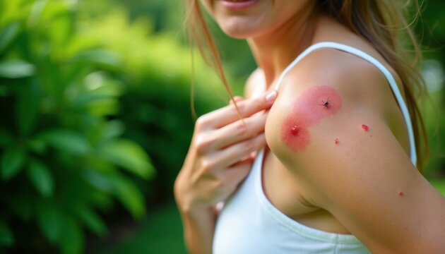 Young woman scratches itchy mosquito bite on shoulder skin outdoor in summer garden. Female person red swollen bump arm from insect sting. Girl feels irritation reaction allergy pain outdoors. Health