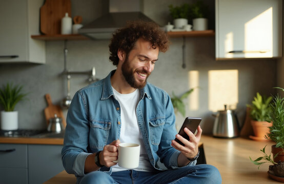 Happy bearded man drinks coffee, holds smartphone in kitchen. Smiling guy sits on wooden counter during morning time. Young male checks social media on mobile device at home interior. Casual person