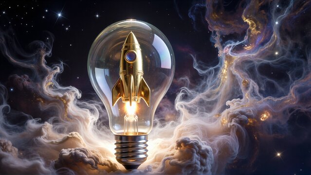 Golden rocket inside glowing light bulb amidst cosmic clouds and stars.