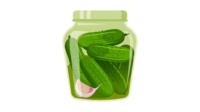 Glass jar filled with fresh green pickles and garlic cloves