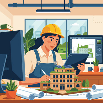 A skilled female architect working on plans for a sustainable building with solar panels, illustrating the integration of modern design and environmental responsibility.