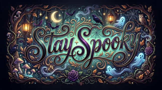 Stay spooky hand lettering with halloween night elements 