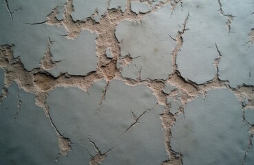 Naklejka premium Old grey wall surface shows cracked peeling paint texture. Weathered plaster background features damaged grunge layers with deep fissures. Vintage construction material design element for rustic