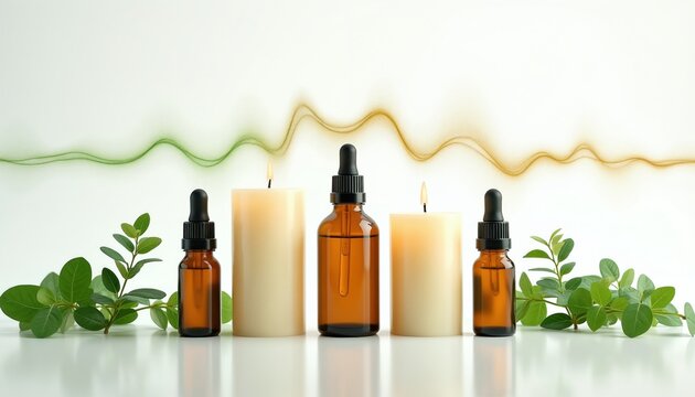 Amber bottles of essential oil sit with lit candles and green leaves. Abstract wave graphics symbolize brain waves and energy flow. Zen aesthetic for wellness and relaxation settings.