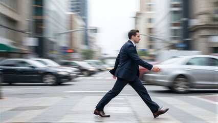 Fototapeta premium Businessman strides confidently across busy city street, cars blur in motion behind him.