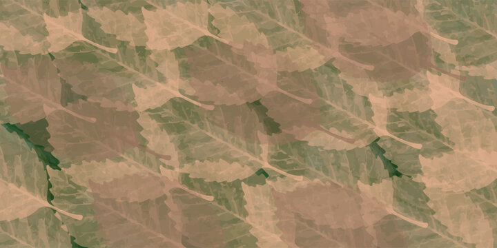 Warm autumnal tartan pattern design &ndash; a light beige plaid background adorned with green autumn leaves; suitable for clothing and textile designs.