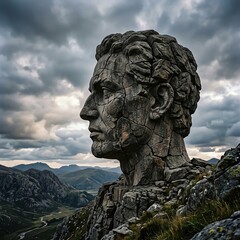 Obraz premium Ancient Stone Head Sculpture Overlooking Mountain Valley Under Dramatic Sky