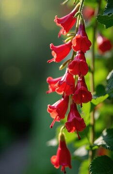 Macro close up of bright red Chilean bellflower hanging blooms on green vine. Beautiful exotic flowers dangle on stems in summer garden sunlight. Vibrant petal detail provides natural floral