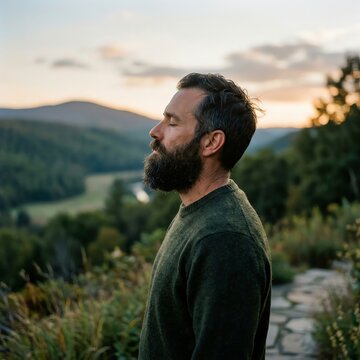 Man meditating outdoors at sunset, with eyes closed, beard, serene landscape background.