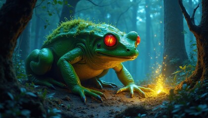 Obraz premium Large green frog creature with glowing red eyes sits in foggy forest clearing. Moss grows on back of mythical amphibian. Magic sparkles rise from soil near toad beast. Scary monster character stands
