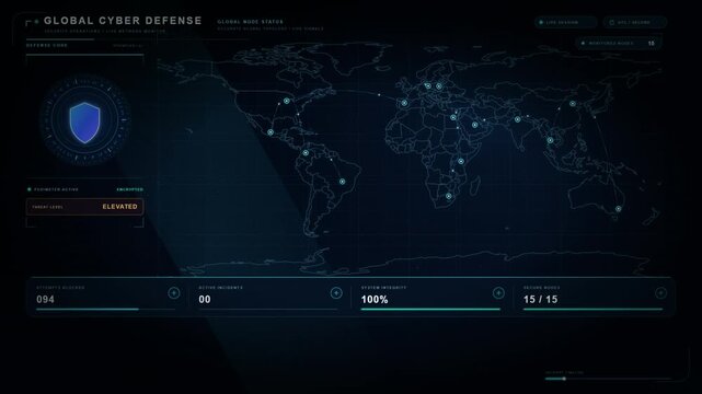Global cyber defense dashboard with world map shield and red firewall breach unauthorized access