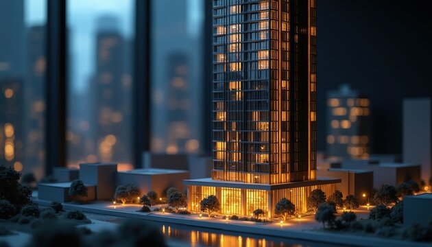 Modern skyscraper model glows with warm lights at night. Miniature cityscape with tiny trees and buildings reflects on water. Urban planning and architectural design concept.