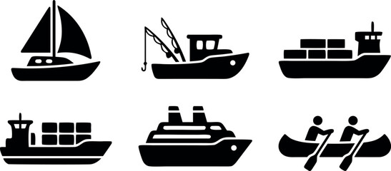Boat and Ship Icon Set with Sailboat, Fishing Boat, Cargo Ship, Cruise and Canoe © gino