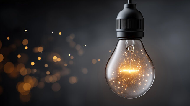 Bright Idea Incandescent Bulb: A vintage incandescent light bulb glows with an inner warmth, its filament illuminated, against a dark, bokeh-filled background, symbolizing innovation, inspiration.