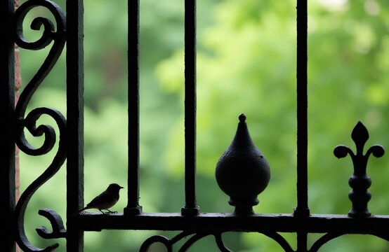 Silhouette of small bird on ornate black wrought iron fence. Detailed metalwork creates pattern against blurred green garden background. Decorative gate section with spire finial.