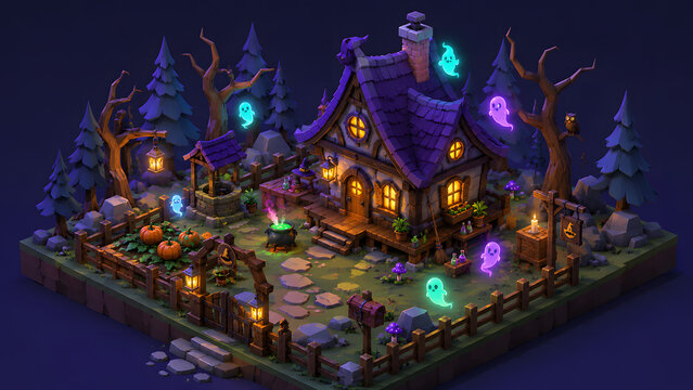 Isometric haunted house with glowing ghosts. Halloween cottage scene with spooky magic.