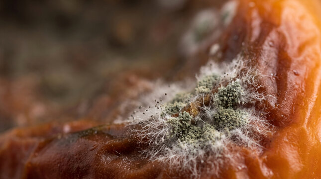 Macro shot of mold growth on decaying fruit, close-up detail