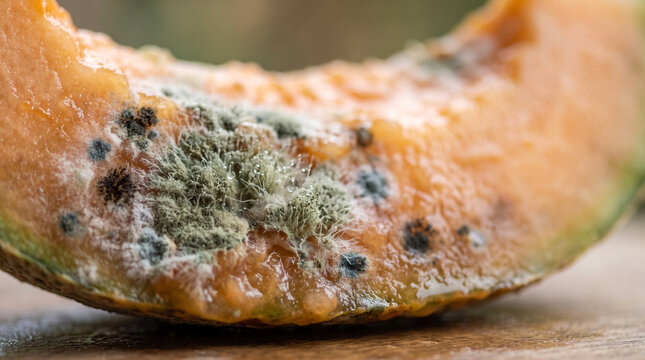 Moldy slice of cantaloupe showing decay and spoilage on wooden surface
