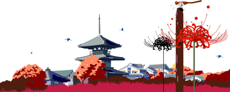 彼岸花と五重塔が佇む日本の秋の風景イラスト