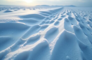 Obraz premium Wind sculpted sastrugi patterns on vast snowfield. Icy blue waves form natural abstract texture. Cold winter landscape, untouched ground, frozen purity.