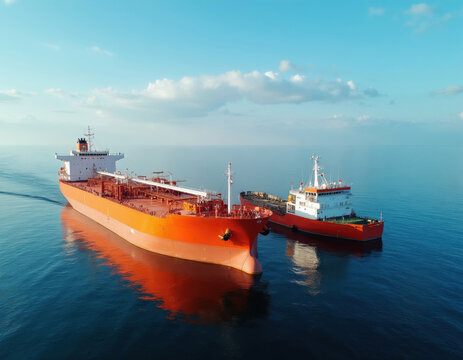 Aerial drone view shows large orange chemical tanker ship bunkering fuel from smaller supply vessel in open Baltic Sea. Heavy industrial cargo boats perform marine oil transfer operation on calm blue