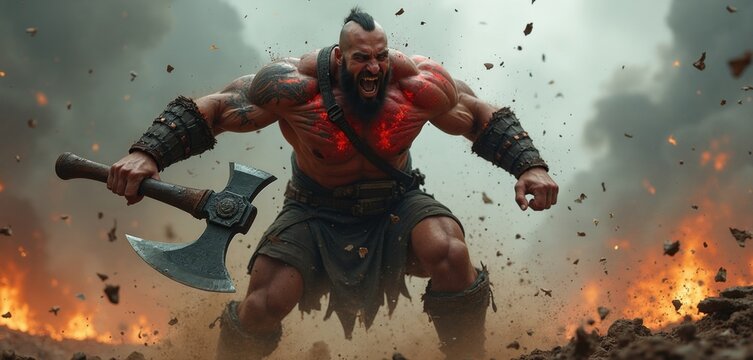 Muscular male barbarian with glowing red scars roars in battle. Fierce warrior swings heavy iron axe amidst chaotic field full of flying dirt, debris. Aggressive viking fighter stands in war smoke