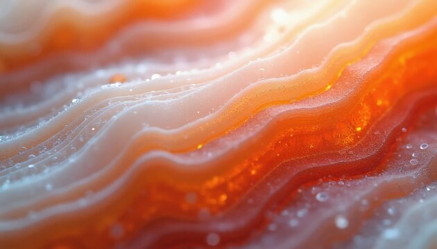 Macro shot of orange agate stone slice with organic wavy lines. Polished crystalline layers feature translucent texture, natural banding. Shiny gemstone mineral surface creates abstract pattern for