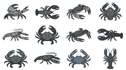 Detailed icons of various crabs and lobsters. © Mbah