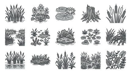 Detailed marsh plants and lily pad illustration set. © Mbah