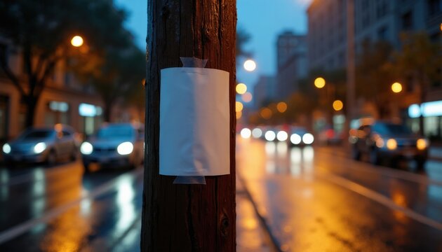 Blank white flyer attached to wooden pole on wet city street at night. Out of focus cars and streetlights create bokeh. Copy space for message.