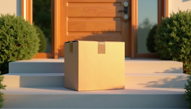 Cardboard box waits on front stpic at dusk. Warm evening sun bathes doorstep with long shadows. Unopened package rests outside modern house entrance. Residential delivery awaits.