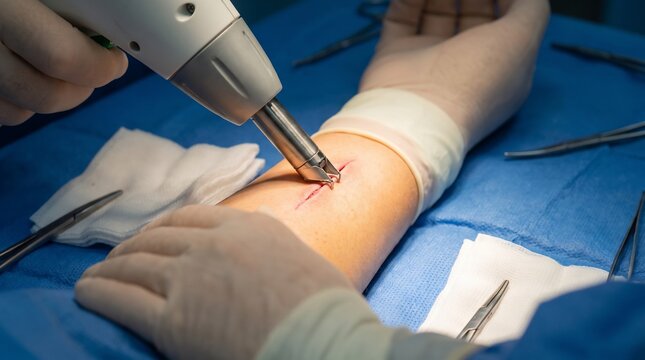 Surgical stapler closing an incision on a patient's arm