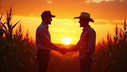Fototapeta premium Farmer, businessman shake hands in corn field at sunset. Two men silhouette agreement outdoors during golden hour. Professional partnership deal in rural agriculture land. Agricultural manager talks