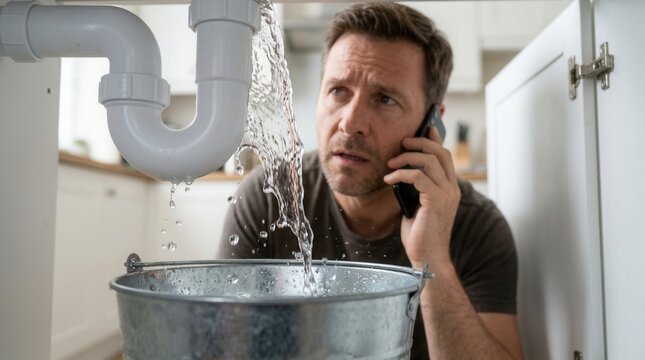 A stressed man uses his phone to contact a plumber while water leaks from a white pipe.