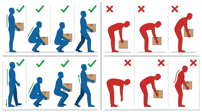 Proper and improper lifting techniques illustration for back safety