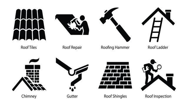 House roof repair and maintenance pictogram icons for website, infographics, and mobile apps interface. Black silhouette roofing industry vector symbols pack.