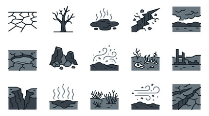 Obraz premium Drought and earthquake disaster landscape icon set.