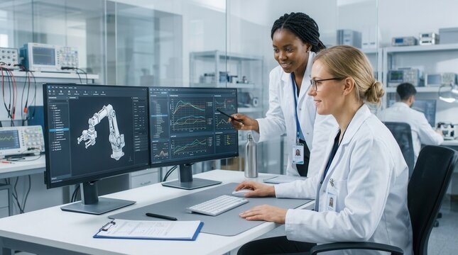 Two female engineers analyzing a 3D CAD model and technical data on a computer workstation.