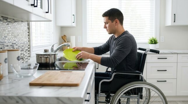 Man in a wheelchair washing colorful plates at the kitchen sink.