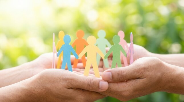 Human hands supporting a group of colorful paper people for diversity and inclusion.
