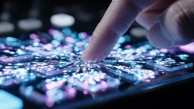A finger pressing on a glowing touch surface, activating a digital interface with colorful light effects.
