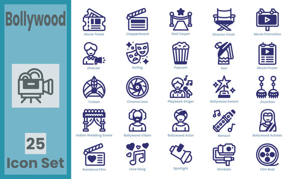 Bollywood and Indian cinema outline vector icon set with traditional dress sari, turban, jhumkas jewelry, movie camera, clapperboard, and entertainment line elements