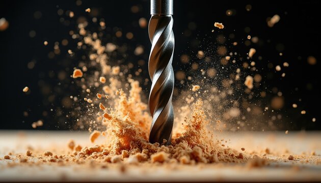 Metal drill bit pierces through wooden surface creating wood chips, dust particles. Industrial tool works inside material with high power motion. Close up view shows dynamic action of sharp steel