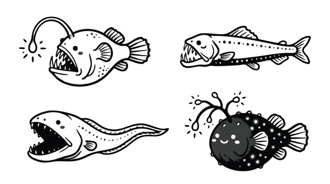 Deep Sea Anglerfish and Predatory Fish Hand Drawn Line Art Set