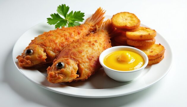 Two crispy fried red snapper fish served on white plate with sliced golden plantains, bright mango sauce. Tropical lunch meal features tasty seafood dish for gourmet diet. Studio food photography