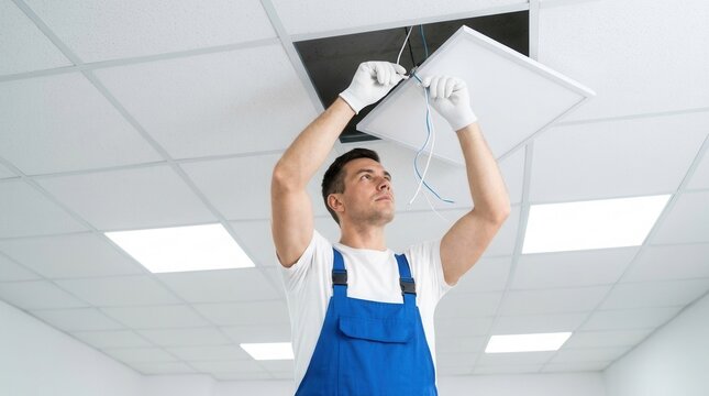 A male technician installing new ceiling lights in a commercial office space.