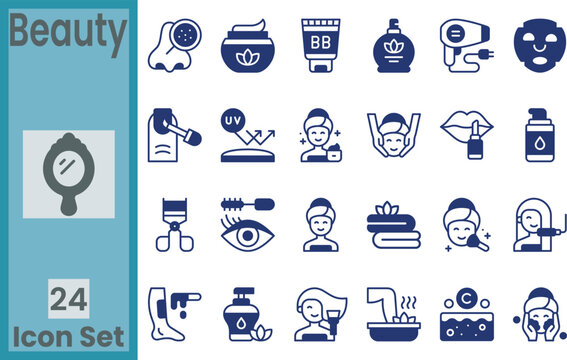 Skin care and beauty salon solid glyph vector icon set with cosmetics cream, facial massage, face mask, makeup lipstick, nail care, and spa treatment elements