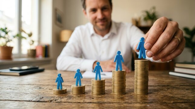 A person placing a blue figure on top of coins to represent insurance compensation and salary growth.